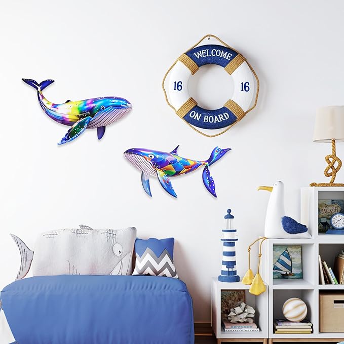 ULENDIS 2 Pack Metal Whales Wall Decor, Bright Color Nautical Metal Fish Wall Art, Wall Hanging Decorations Ocean Theme Outdoor Wall Decor for Patio Garden Yard Pool Fence
