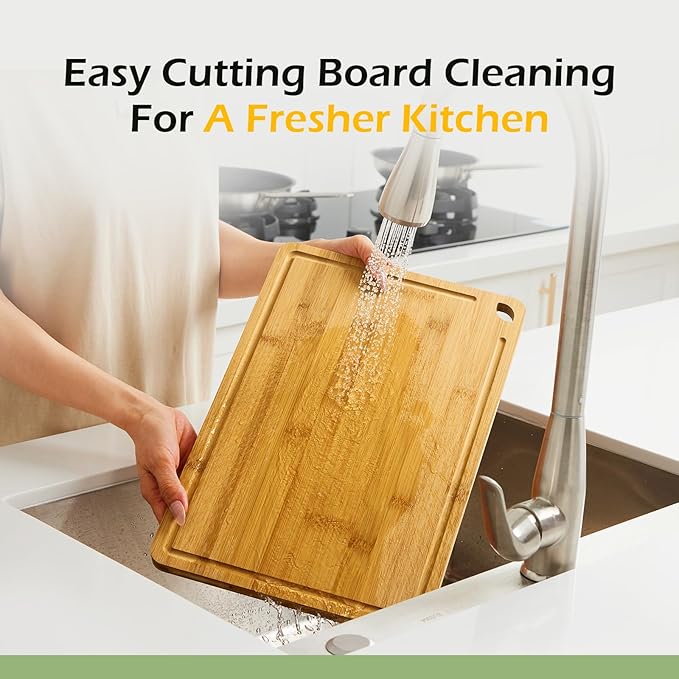Cutting Board For Kitchen Natural Bamboo With Smooth Finish & Deep Juice Groove – L (15x10) – Great For Slicing, Serving