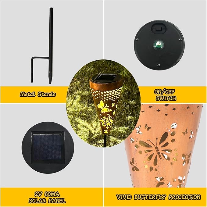 DIBIEECN 4 Pack Butterfly Solar Garden Pathway Lights Outdoor,Metal Garden Decorations Outdoor Lights with Patterns and Warm Light,Waterproof Landscape Lighting for Path Patio Backyard Yard