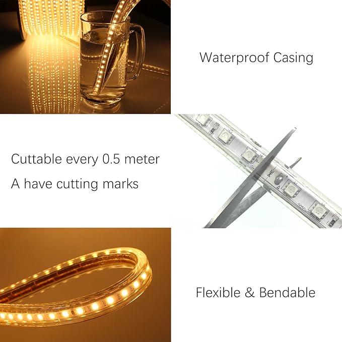 5050-60 Type AC 110-120V LED Strip Lights, Flexible/Waterproof/Dimmable/Multi-Modes LED Rope Light + 23 Keys Remote for Home/Garden/Building Decoration (164ft/50m, Natural White 4000K)