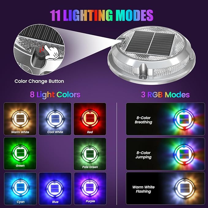 Quntis RGB Solar Deck Lights 2 Pack, 11 Lighting Modes Solar Driveway Lights Outdoor Waterproof IP68, Step Light for Outside, Deck Light Solar Powered for Stair Pathway Walkway