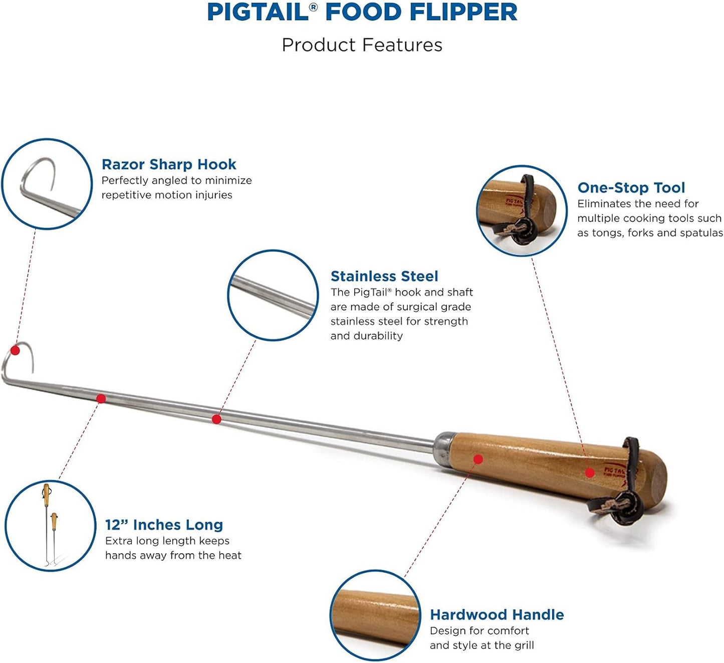 Jaccard 12” PigTail Food Flipper, Blister Pack - Wooden Handle, PigTail Flipper, Meat Hook for Grilling, Wood/Stainless, 201310