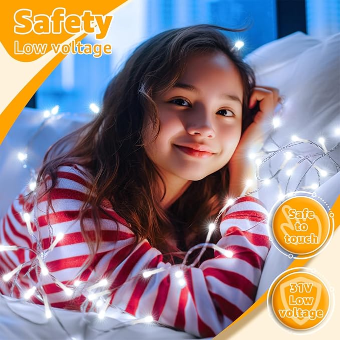 Ollny 120LED 40FT String Lights, Waterproof Connectable Fairy Lights with Timer 8 Modes, Cool White Plug in Christmas Light for Indoor Outdoor Patio Party Bedroom Classroom Decor