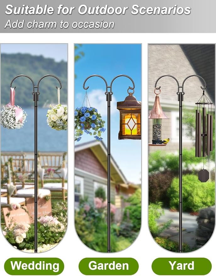 Outdoor Double Shepherds Hook with 5 Prong Base, 92 Inch Adjustable Heavy Duty Two Sided Bird Feeder Pole Stand for Hanging Plant Baskets, Solar Light Lanterns, Hummingbird Feeder, 2 Pack