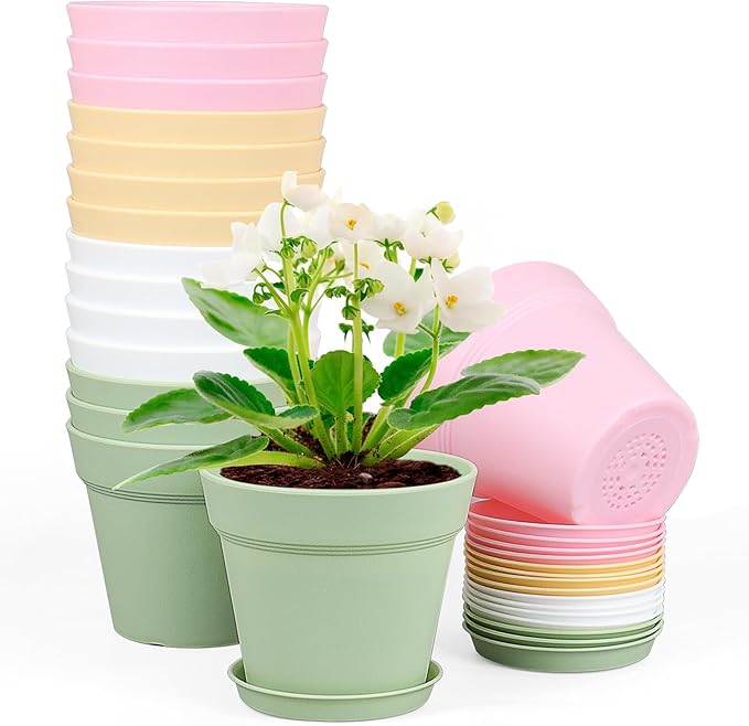6 inch Small Plastic Nursery Pots, Seedling Pots, 16 Pack Plant Pots for Indoor Outdoor Plants, Flower Pots with Drainage Holes and Saucers, Decorative Planters for House Plants, Colorful