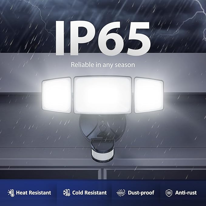 Onforu 3 Pack 65W LED Motion Sensor Outdoor Lights, Security Light Motion Outdoor Flood Light Fixture Detection Detector, 3 Adjustable Heads 6500LM 6500K IP65 Waterproof Exterior Garage Yard (Black)