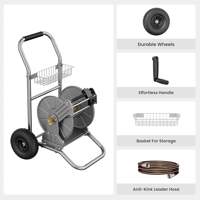 Giraffe Tools Garden Hose Reel Cart with Wheels, Heavy Duty Metal Water Hose Reel Cart, 200 ft of 1/2 Capacity, Mobile Hose Reel Cart for Outside