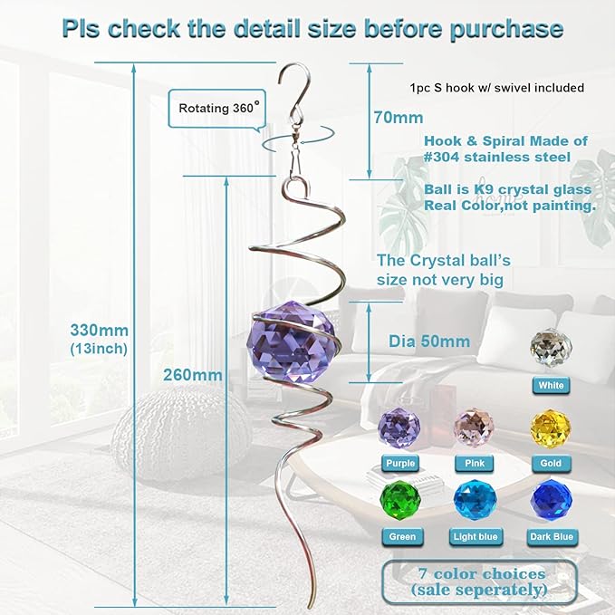 Fonmy Gazing Ball Spiral Tail -Decorative Wind Spinner Sun Catcher Rainbow Maker 11 inch Tail and 2 inch Purple Crystal Orb. Indoor Outdoor Garden Decoration -13 inch Height