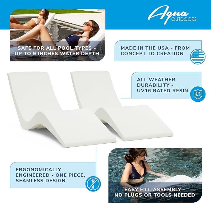 Aqua Outdoors - in-Pool Chaise Lounger - Pool & Sun Shelf Lounge Chair - Designed for Water Depths Up to 9” - Compatible with All Types - Poolside & Sun Deck Tanning - Set of 2 - Coral Reef