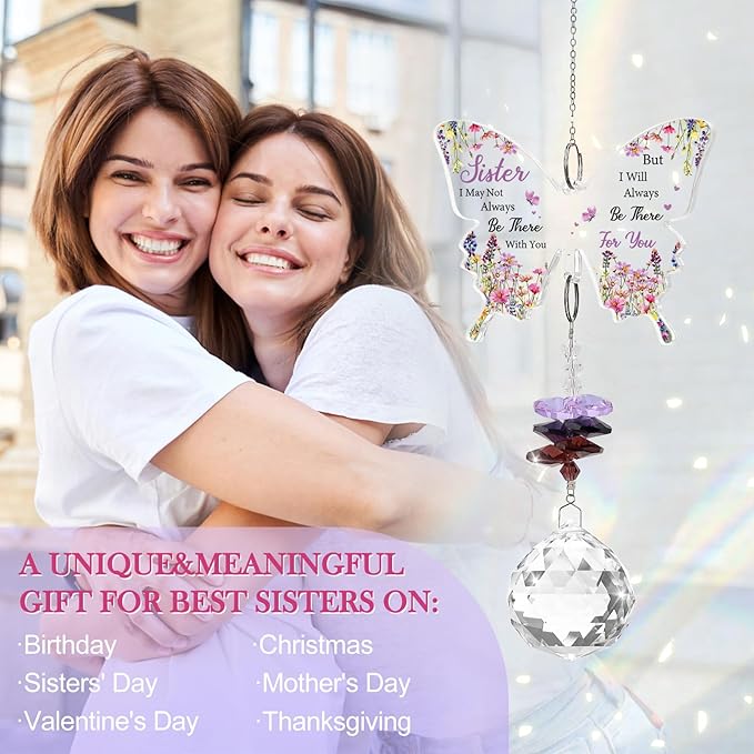 Sister Gifts, Valentines Day Gifts for Sister, Gifts for Sister Crystal Suncatcher, Mother's Day Birthday for Sister, to My Sister Gifts Hanging Butterfly Crystal Suncatcher Ornament