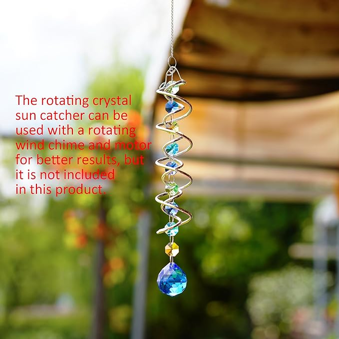 H&D HYALINE & DORA 17.7inch Gazing Ball Spiral Tail,Decorative Wind Spinner Sun Catcher,Rainbow Maker Double-Spiral W/Sea Blue Crystal Ball and Chain,Glass Crystals for Indoor Outdoor Decoration