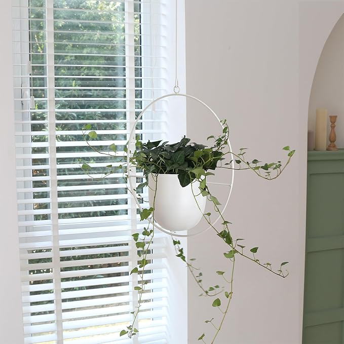 2 Pack Hanging Planters for Indoor Outdoor Plants Modern Metal Plant Hangers Wall and Ceiling Hanging Plants Baskets Mid Century Minimalist Flower Pots Home Decor, White