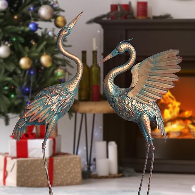 33-37 Inch Metal Crane Garden Statue Décor, Bird Heron Garden Sculpture & Statues, Outdoor Decoration for Yard Pond Lawn Backyard Pool, Vintage Spread Wings Crane, Set of 2 Copper…