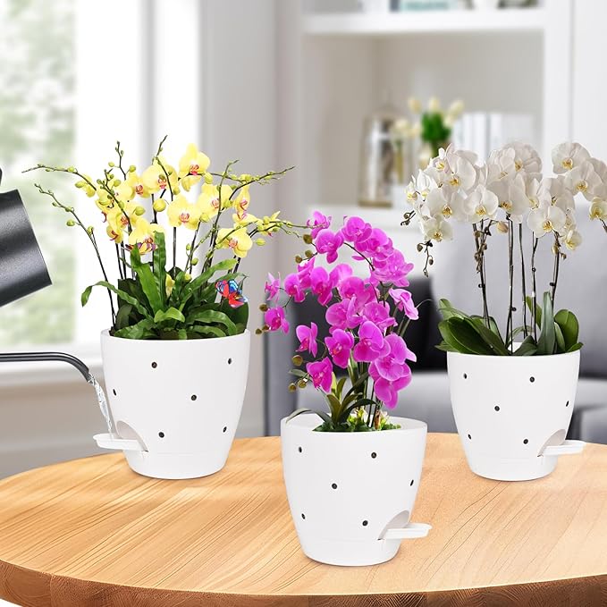 6 Inch Orchid Pots with Holes, 2 Pack Self Watering Planters for Orchids Plastic Orchid Pot Plant Flower Pots for Orchids Indoor Outdoor (White)
