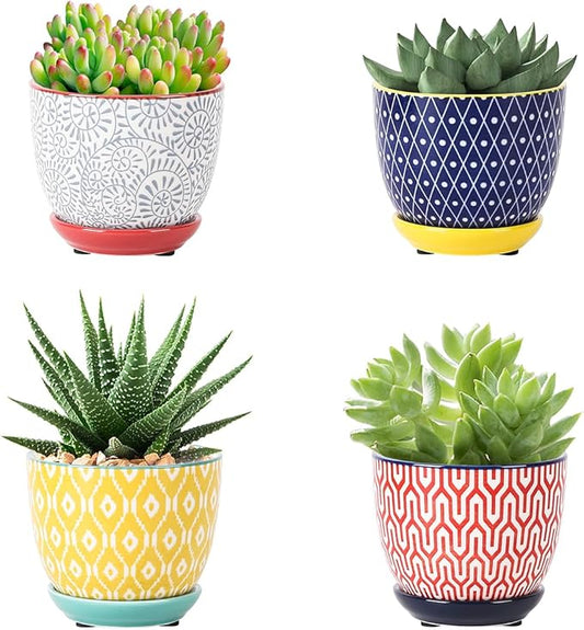 Selamica Ceramic Succulent Pots with Drainage Holes, Small Flower Pots 3.5 Inch Plant Pots for Indoor Plants with Saucers, Cactus Succulent, Home Decor, Set of 4, Assorted Colors