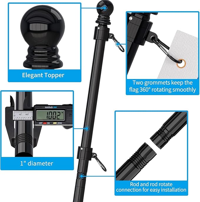 ZMTECH Flag Pole with Solar Light - Adjustable Bracket, 6 FT Stainless Steel Flag Poles for Outside House, Garden or Yard, Tangle Free Flagpole Kit for American Flag (Without Flag, Black)