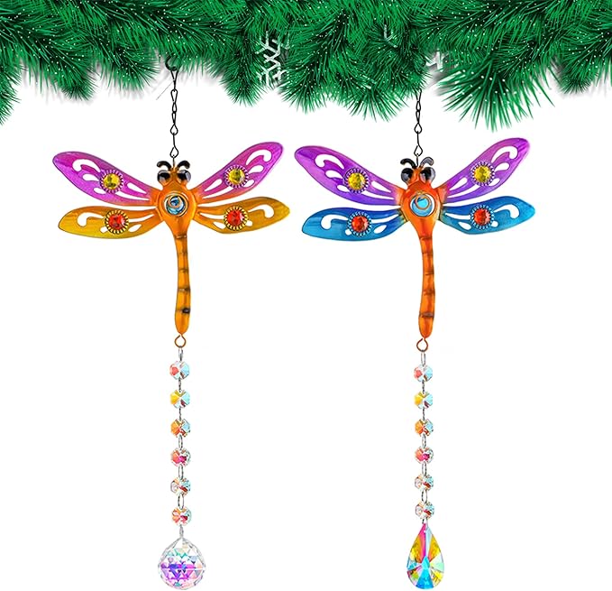 Crystal Dragonfly Suncatchers for Christmas, 2 Pack Dragonfly Sun Catcher for Windows Hanging, Stained Glass Dragonfly Ornament for Outdoor Home Decor