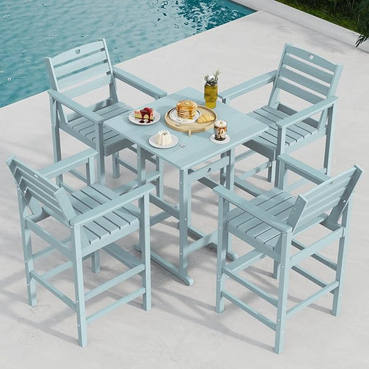5-Piece Bar Height Outdoor Table and Chairs Set, HDPE Wood Grain Patio Bar Table and Chairs with Heart Cutout Design, Weather-Resistant Bar Height Furniture for Deck, Porch, Pool (Light Blue)