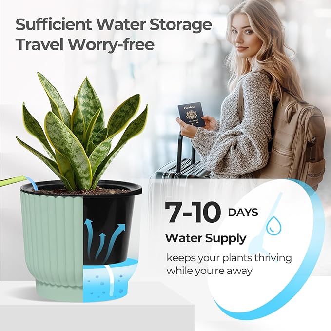 T4U 7 Inch Self Watering Pots for Indoor Plants, 4 Pack Green Plastic Flower Pots for All House Plants, Flowers, African Violets