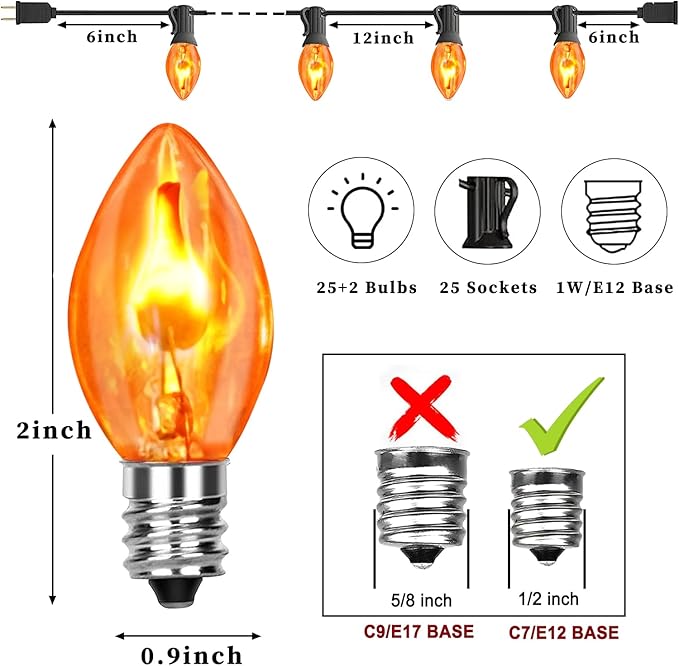 Flickering Flame String Lights with 27 C7 Clear Orange Flame Blubs (2 Spare), 25FT Vintage String Lights for Indoor Outdoor Halloween Decorations Party Black Wire
