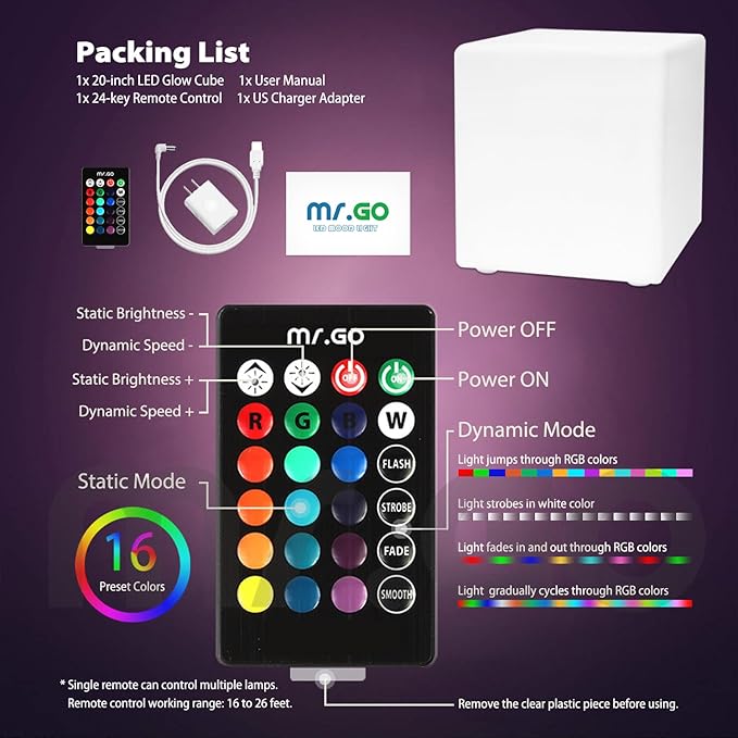 Mr.Go 20-inch LED Lighted Cube Table, Large LED Cube Chair Light, 16 RGB Colors LED Cube Seat w/Remote - Rechargeable - Waterproof - Home Outdoor Patio Pool Bar Stage Party Lighting Decoration