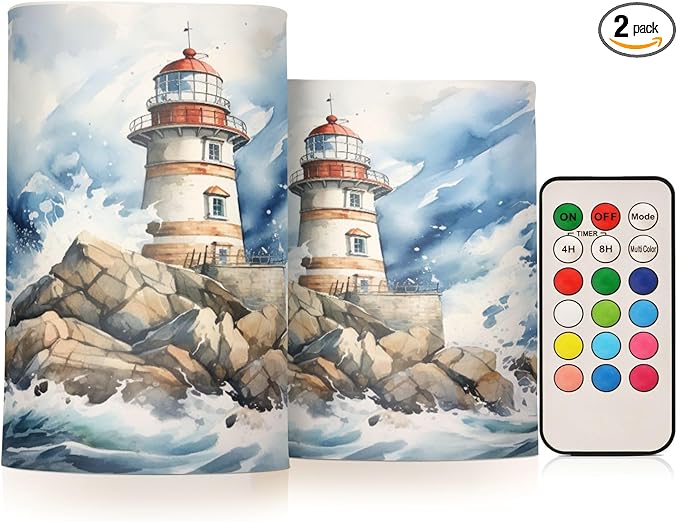 Flickering Flameless Candles, Lighthouse Ocean LED Candles with Remote Timer, Set of 2 Battery Operated Candle for Valentine Wedding Birthday