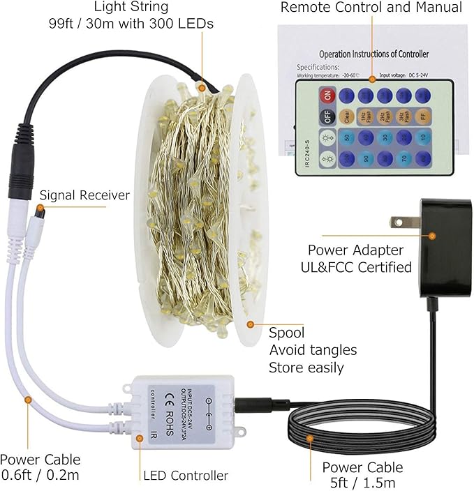 RUICHEN Blue Dimmable Fairy Lights Plug in, 99 Ft 300 LED Twinkle String Lights with Remote, Waterproof Silver Wire Firefly Lights for Bedroom, Patio, Yard, Christmas, Wedding, Party, New Year's Day