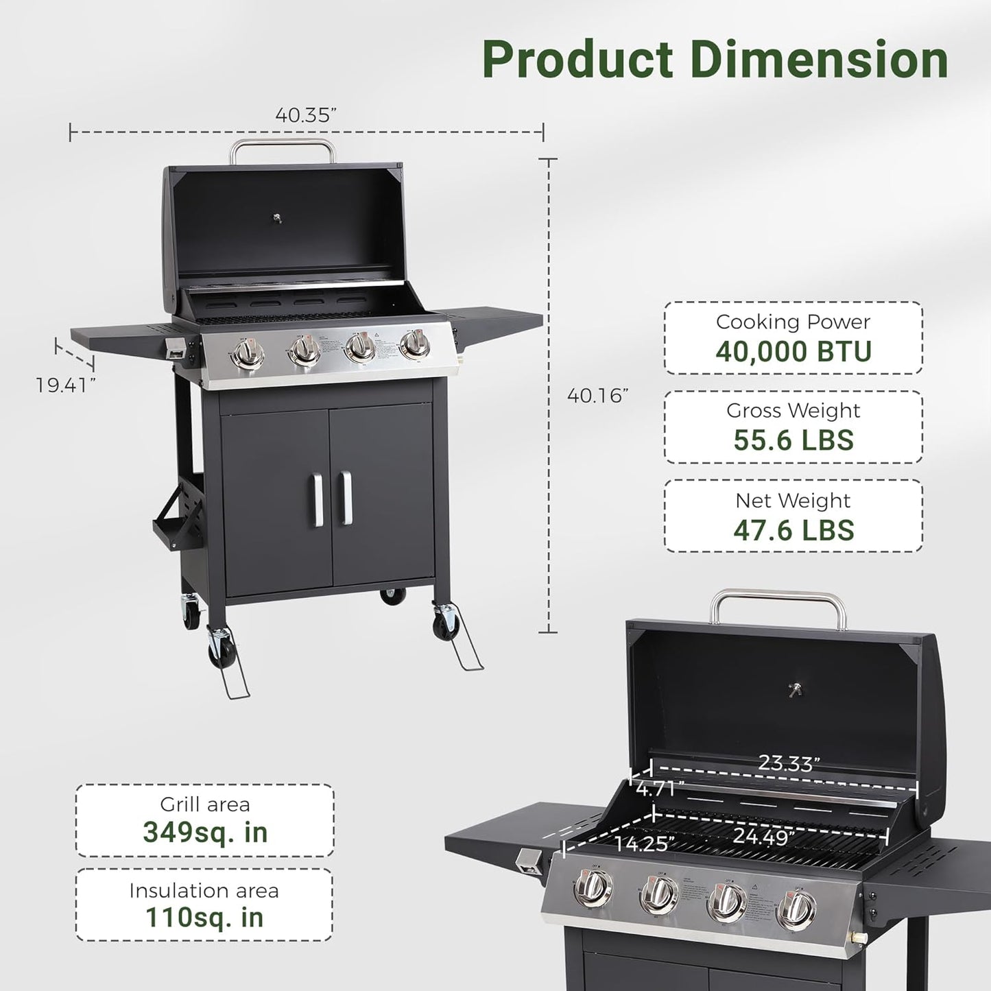 4-Burner Propane Gas BBQ Grill with Wheels, 40,000 BTU Output Stainless Steel Barbecue Grill for Backyard & Outdoor Cooking Easy Assembly, Foldable Side Tables & Spice Rack (Dark Black)