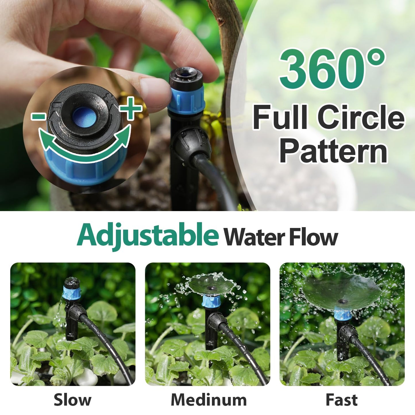 50 Pieces Drip Emitters for 1/4" Drip Irrigation Tubing, Adjustable 360 Degree Vortex Drip Emitters with Stake 360° Full Circle Fan Shape Pattern Garden Irrigation Micro Drippers