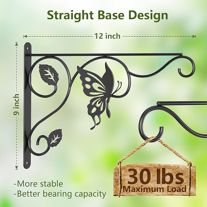 2 Pack Heavy Duty Plant Hooks for Hanging - 12 Inch Metal Wall Hangers Indoor/Outdoor, Sturdy Plant Bracket for Bird Feeders, Planters, Lanterns, Wind Chimes - Patio, Garden, Home Decor (Black)