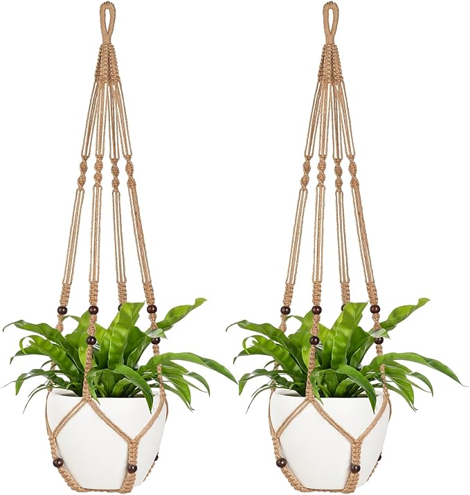 Mkono 43 Inch Macrame Plant Hanger Large for up to 12 Inch Pot Extra Long Hanging Plant Holder No Tassels Hanging Planter Basket with Wood Beads for Indoor Outdoor Home Decor, Brown, Set of 2