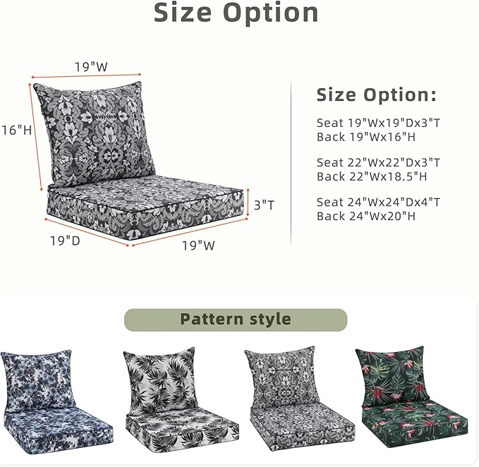 Favoyard Outdoor Seat Cushion 19 x 19 x 3 in Waterproof Pattern Fade Resistant Cover Removable Patio Furniture Cushions Deep Seat & Back Cushion Set with Adjustable Straps for Patio Chair Sofa Couch
