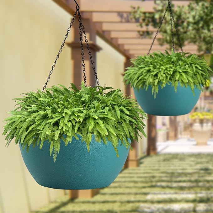 WOUSIWER 13 inch 2 Pack Large Hanging Planters for Indoor Outdoor Plants with Drainage Holes and Chain, Round Hanging Flower Pots for Garden Home Porch Decor, Myrtle Green