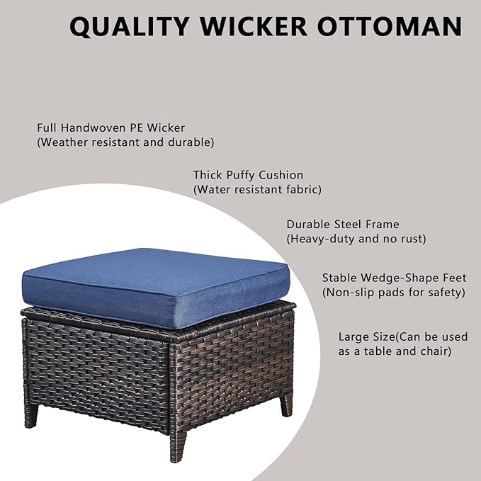 Outdoor Wicker Patio Furniture Set - 6 Piece Rattan Patio Conversation Set with 2 Rocking Swivel Chairs,2 Ottomans,1 Sofa and 1 Side Table for Porch Deck Backyard Garden(Brown/Blue)