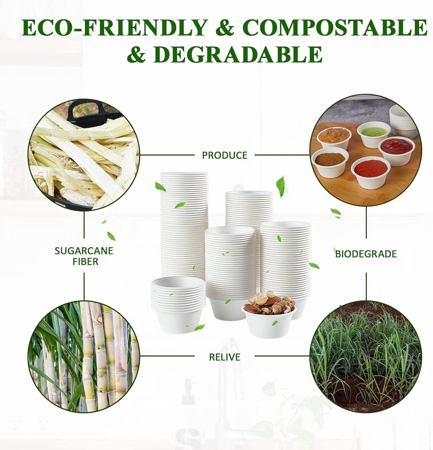 Vplus 500 Pack 2 OZ Disposable Souffle Cups, 100% Compostable Portion Cups, Made From Bagasse Fibe, Perfect For Dips, Food Sample, Jams, Honey, Sauces, Nuts