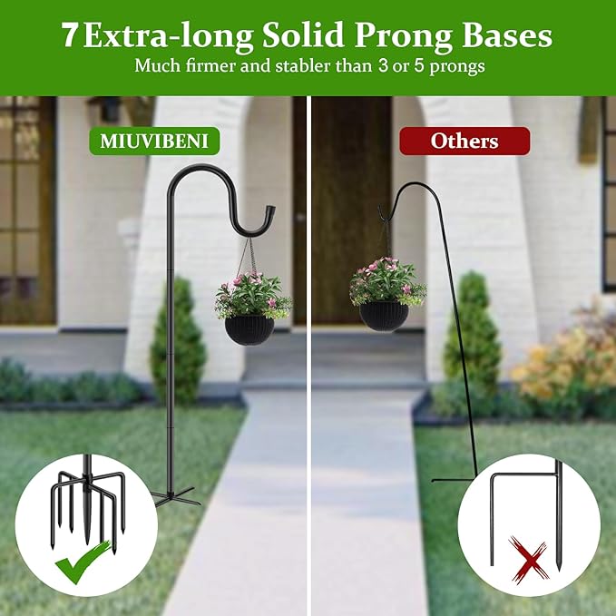 84" Shepherds Hooks for Outdoor with 7 Prongs Base, Heavy Duty Bird Feeder Pole for Hanging Lantern, Hummingbird Feeder, Shepherds Hook for Bird Feeders for Outside, 2 Packs, Black