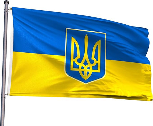 Ukraine Trident Flag 3x5FT Ukrainian Coat of Arms National Polyester Banner With 2 Grommets Fade Resistant Vivid Color For Patriotic Festival Events Party Decoration