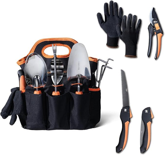 DTRK 8-Piece Large Garden Tool Set 304 Stainless Steel Garden Tool Kit with Handbag,Pruning Shears,Gloves Heavy Duty Gardening Hand Tools with Non-Slip Rubber Grip,Ideal Gifts for Women & Men Orange