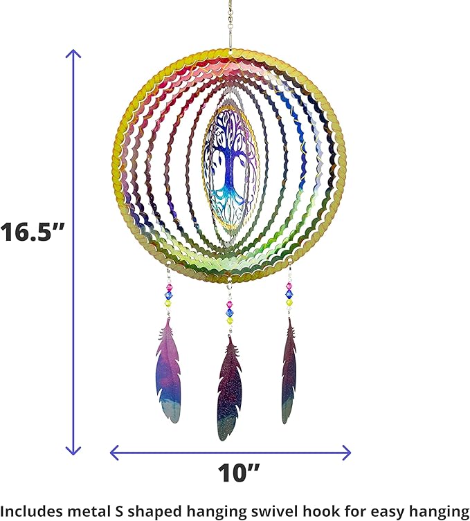 VP Home Tree of Life Dreamcatcher with Feathers Kinetic Wind Spinners - Native American Garden Decor - Sculpture Spinner for Yard and Garden Outdoor - Metal Large Hanging Dreamcatcher - 10"W x 16.5"H
