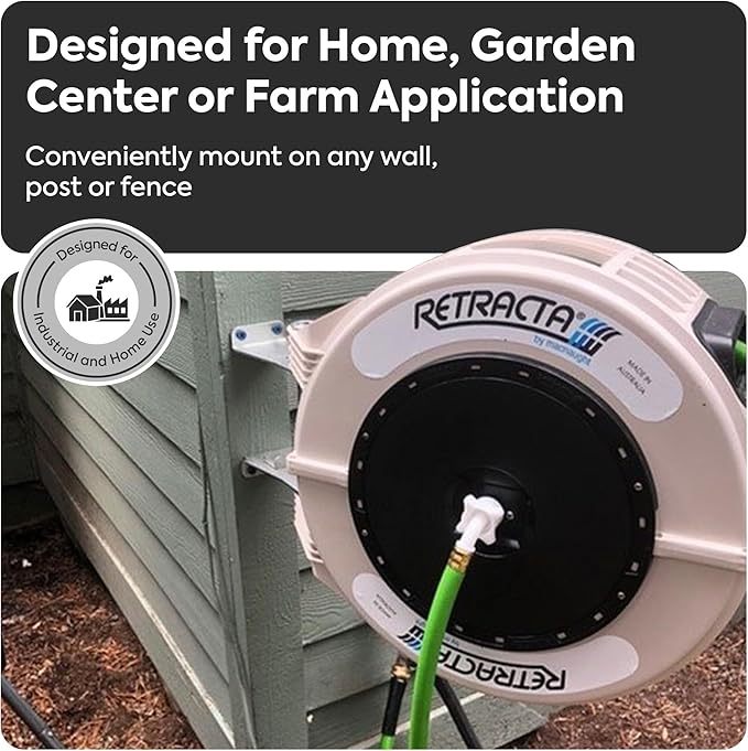 Macnaught Retractable Garden Hose Reel, 60 Ft Water Hose Reel Heavy Duty Retractable Hose with Metal 180° Swivel Rotation Bracket for Wall Mount - Beige