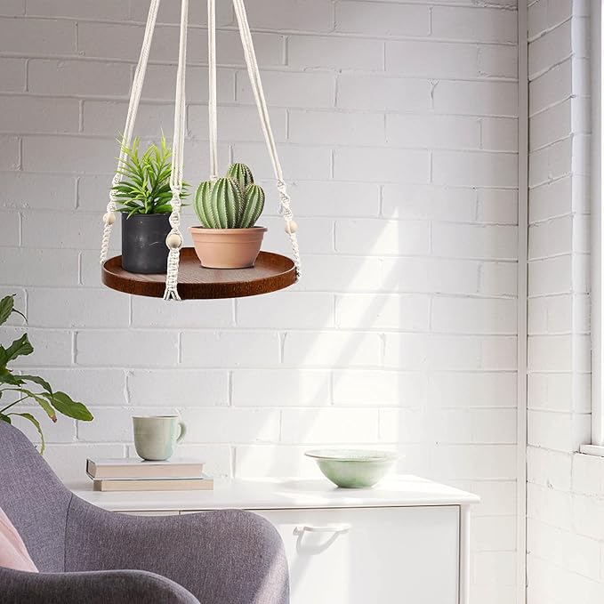 Macrame Plant Hanger - 2 Set Indoor Hanging Planter Shelf - Hanging Planter Rack Decorative Flower Pot Holder - Handmade Cotton Plant Hangers with Wood Tray Boho Home Decor