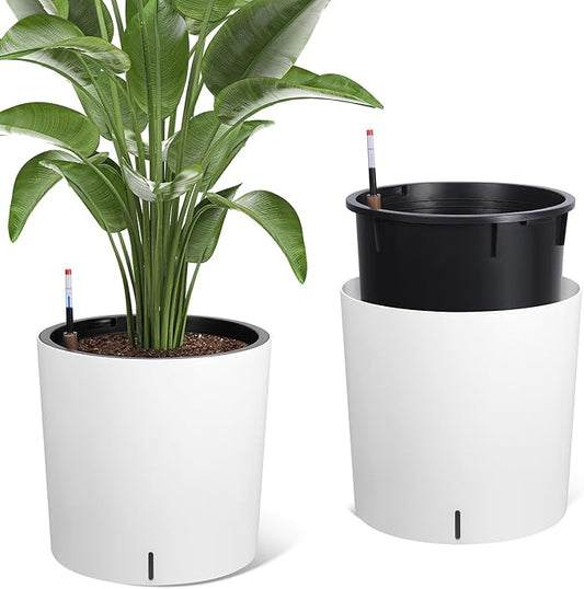 Tall Round Planter Set of 2, 19.5‘’ H x 19.9" Dia Large Planters for Indoor Plants with Built-in Drainage and a Water Level Monitor and Wheels for Patio, Porch, Living Room, or Home Office, White