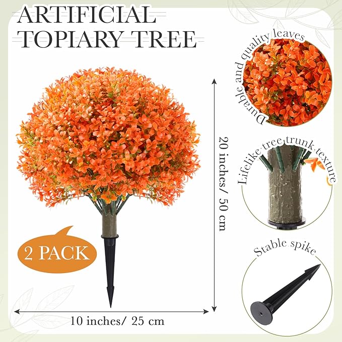 Yunlly 2 Pack 18" Artificial Boxwood Ball Bush Topiary Trees Fake Outdoor Plants, Realistic UV Resistance Faux Shrubs with Spike Greenery Topiary for Front Porch Garden Yard Patio Indoor (Orange)