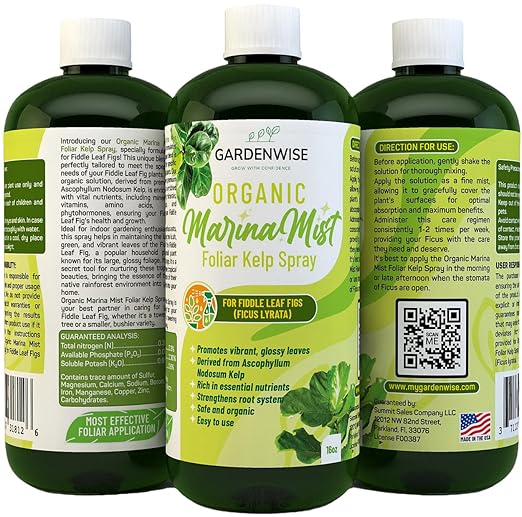 Organic Marina Mist Foliar Spray for Fiddle Leaf Fig and Other Ficus Trees | Micro Nutrients for Vital Health | Gentle Formula | Liquid Plant Food | Quick Results | Ready to Use (16 OZ)