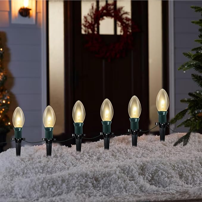 C9 Christmas Pathway Lights Outdoor, 38Ft 25 C9 Incandescent Warm White Pathway Marker Stakes Waterproof for Walkway Lawn Sidewalk Driveway Holiday
