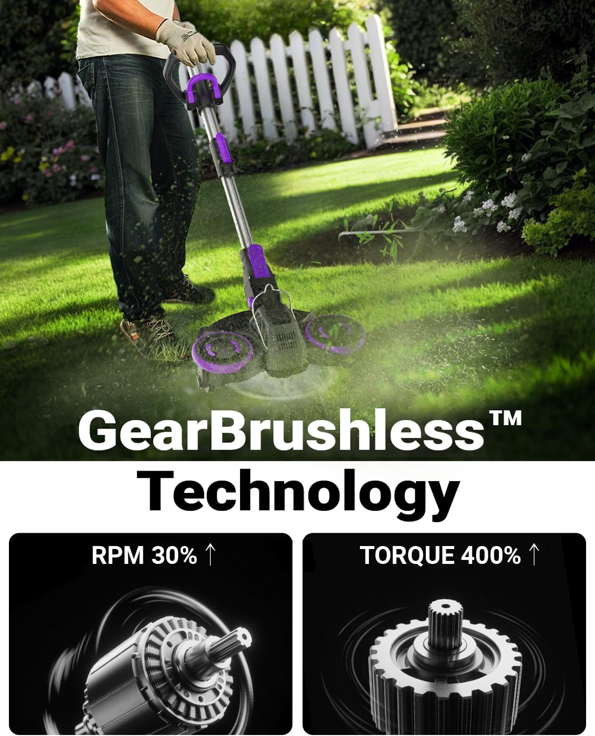 Weed Wacker Cordless, GearBrushless™, 3-in-1 Edger/Mower/Trimmer with Blade, 120 Min Runtime(with Two Batteries)