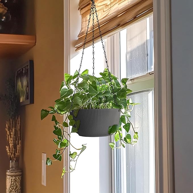 T4U 8 Inch Hanging Planters for Indoor Outdoor Plants, Self Watering Hanging Pot Pack of 2, Hanging Pots with Drainage Hole & Plug & Chain with 3 Hooks for Garden Home Decor, Grey