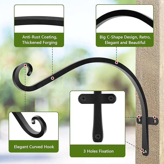 HOOPLE Plant Hangers Outdoor Heavy Duty 2 Pack, Extra Long 12 Inch Cast Iron Hanging Plant Bracket, Metal Black Plant Brackets Hook for Hanging Flower Baskets, Hanging Bracket, Elegant Design