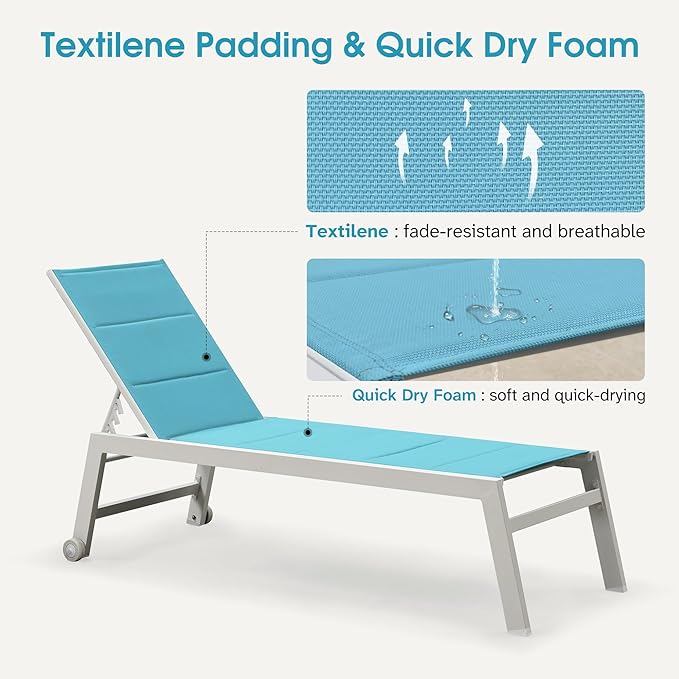 PURPLE LEAF Outdoor Chaise Lounge Set Adjustable Sunbathing Recliner with Side Table for Beach Poolside Outside Patio Aluminum Chaise Lounger Turquoise Blue