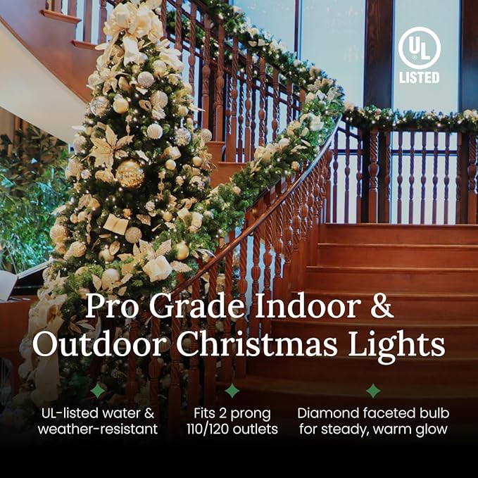 Pro Christmas M5 LED Holiday Lights - 70 Bulbs, 23.3ft - Professional Grade Indoor Outdoor Diamond Cut Sparkle Light Strings for Home Decorations and Christmas Trees - Green